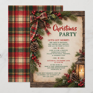 Invitation Tartan à carreaux rustique de pin houx Noël Party