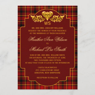 Invitation Tartan Mariage Rouge Noir Or Plaid Couleurs Motif