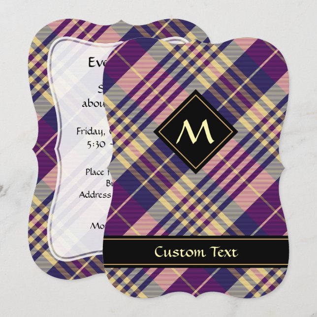Invitation Tartan mauve, or et bleu (Devant / Derrière)