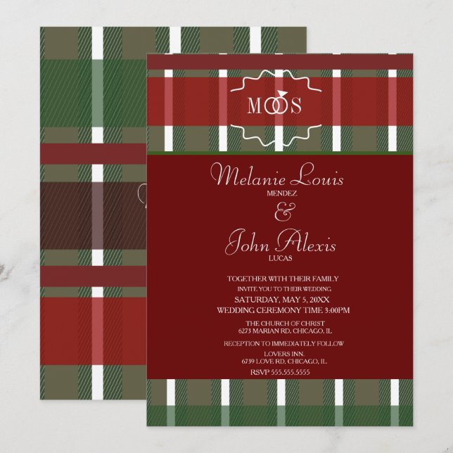 Invitation Tartan Noël Plaid Hiver Bourgogne Mariage (Devant / Derrière)