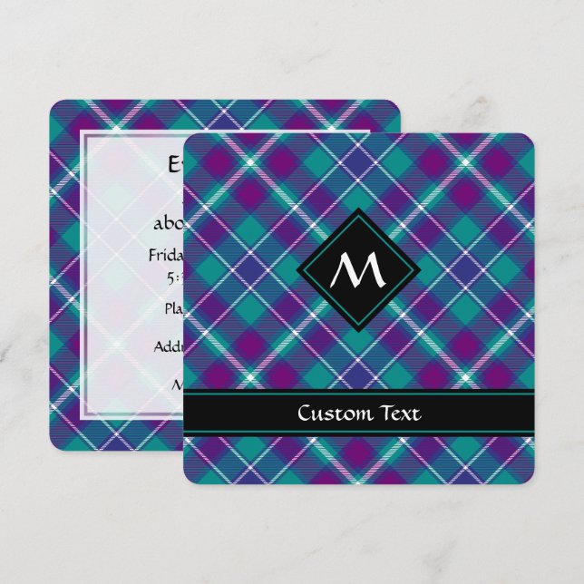 Invitation Tartan vert de mer, violet et bleu (Devant / Derrière)