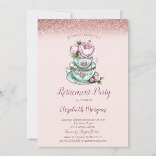 Invitation Tasse à thé florale pailletée or rose pour départ