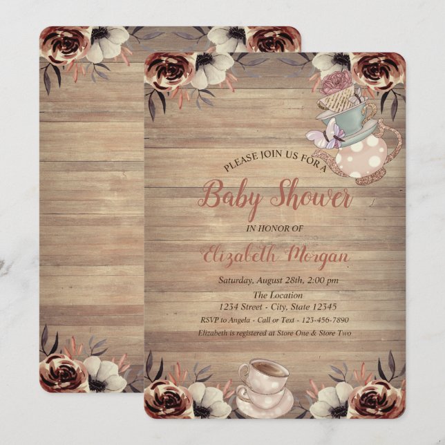 Invitation Tasse de thé à la théière Fleurs Baby shower en bo (Devant / Derrière)