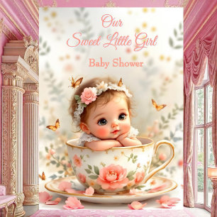Invitation Tasse de thé pour Baby Shower Fille Rose Douce Mig