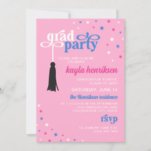 Invitation Tassel & Etoiles Bleu rose Retro Script Grad Party