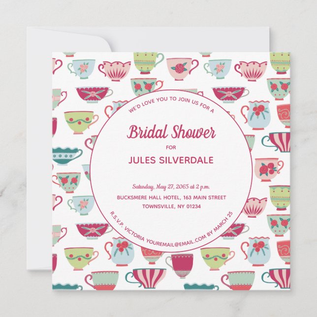 Invitation Tasses à thé Mariage Moderne Vintage (Devant)