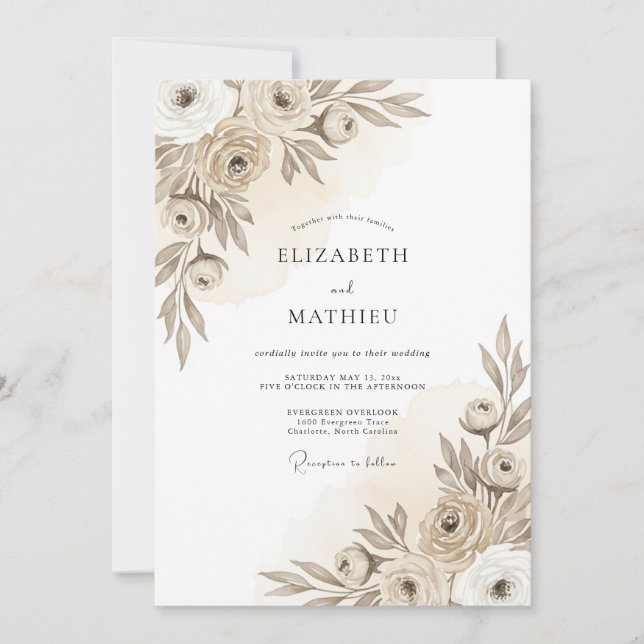 Invitation Taupe Artistic Floral Romance Wedding (Devant)
