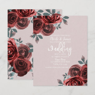 Invitation Taupe Bourgogne Aquarelle Rose Mariage verte