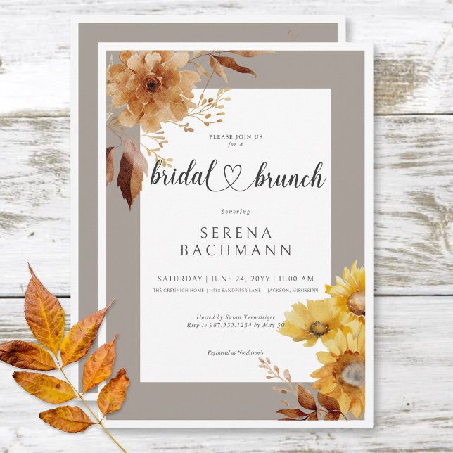 Invitation Taupe de tournesol d'automne rustique Brunch nupti (Rustic Autumn Sunflower Taupe White Bridal Brunch Invitation)
