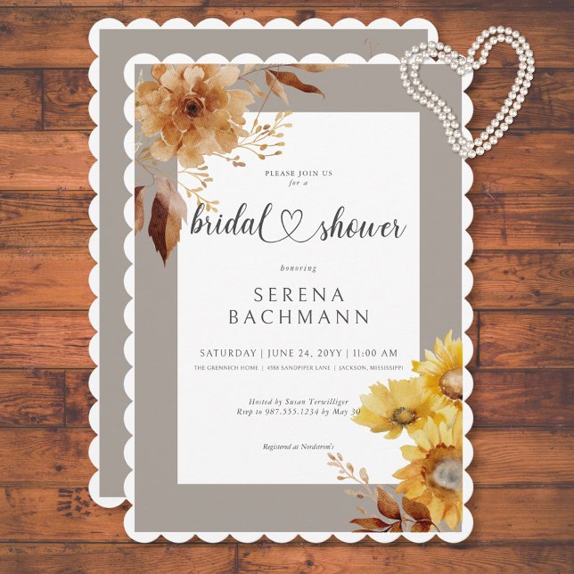Invitation Taupe de tournesol d'automne rustique Fête des mar (Rustic Autumn Sunflower Taupe White Bridal Shower Invitation)