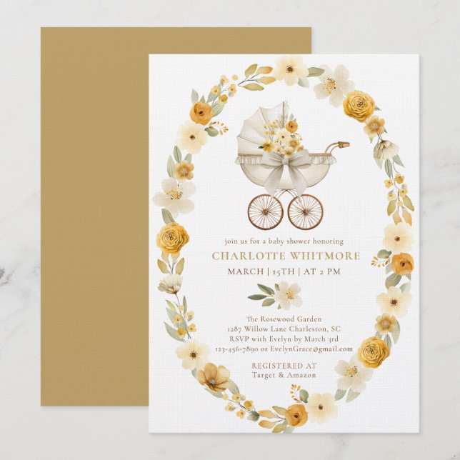 Invitation Taupe Floral Pram Baby Shower Invite (Devant / Derrière)