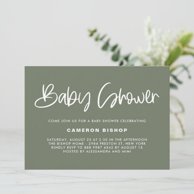 Invitation Taupe Green Mmite Baby shower de calligraphie mode (Debout devant)