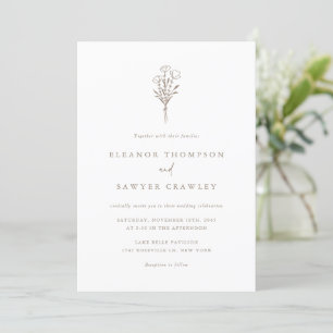 Invitation Taupe Minimaliste Bouquet Floral QR Code Mariage