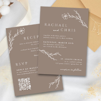 Invitation Taupe Mocha Simple Boho Floral Botanal Code QR