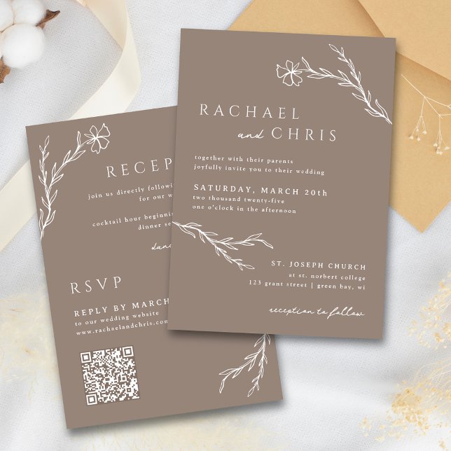 Invitation Taupe Mocha Simple Boho Floral Botanal Code QR (Créateur téléchargé)
