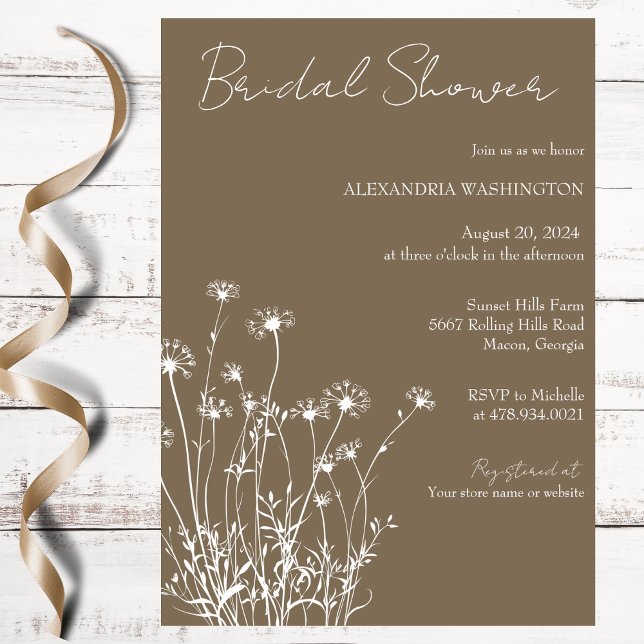 Invitation Taupe moderne et Fête des mariées Fleur sauvage bl (Créateur téléchargé)