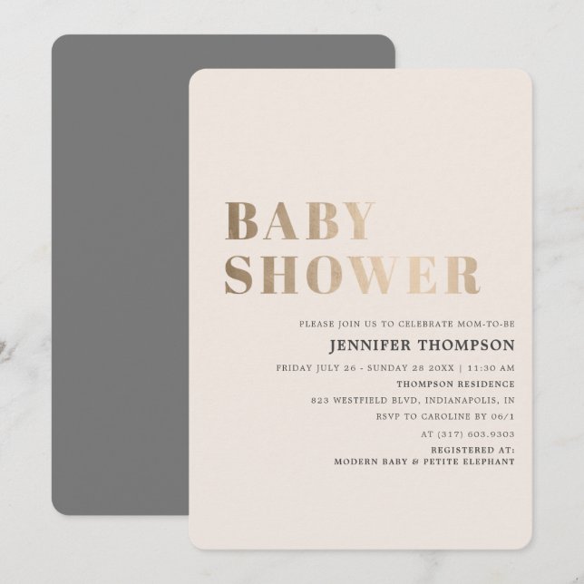 Invitation Taupe neutre simple et Baby shower or (Devant / Derrière)