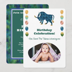 Invitation Taureau 1er Anniversaire Photo Impressionniste Or 