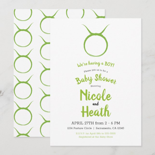 Invitation TAURUS Bull Astrologie verte Baby shower zodiaque (Devant / Derrière)