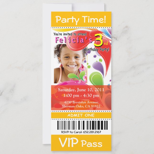 Invitation :: TBA :::: Fun Kids VIP Ticket Photo Party (jaune (Devant)