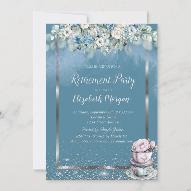 Invitation Tea cup Dusty Blue Flowers (Devant)