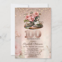 Invitation Tea Cup Flowers Parties scintillant Rose Gold 100e