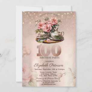 Invitation Tea Cup Flowers Parties scintillant Rose Gold 100e