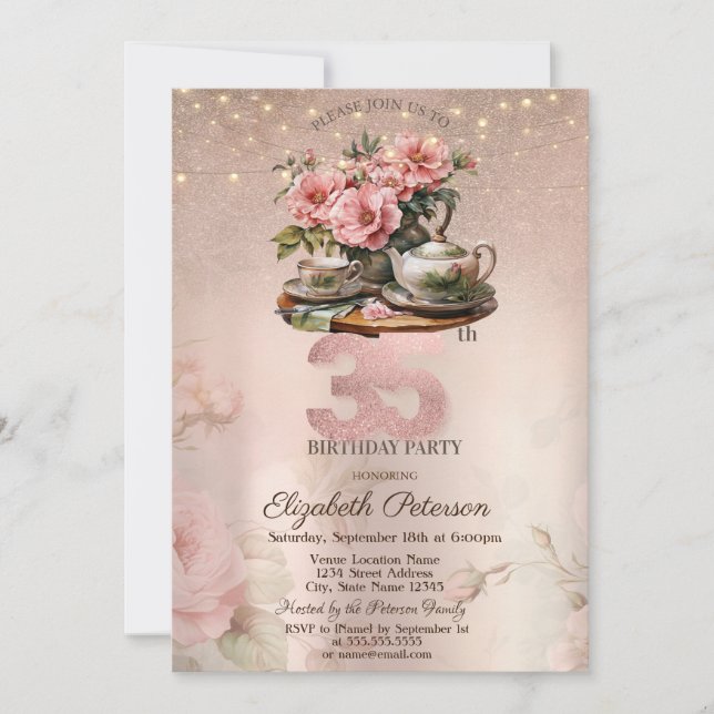 Invitation Tea Cup Flowers Parties scintillant Rose Gold 35e  (Devant)