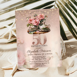 Invitation Tea Cup Flowers Parties scintillant Rose Gold 50e 