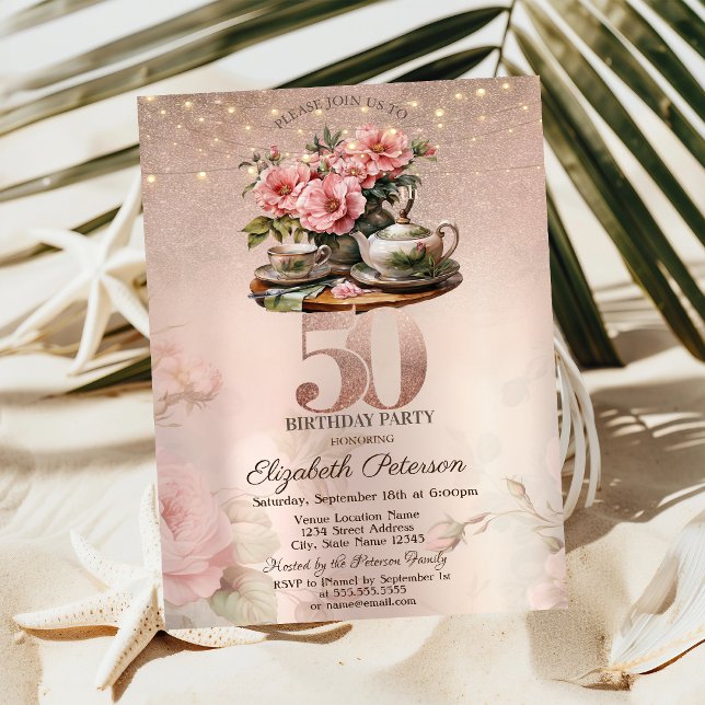 Invitation Tea Cup Flowers Parties scintillant Rose Gold 50e  (Créateur téléchargé)