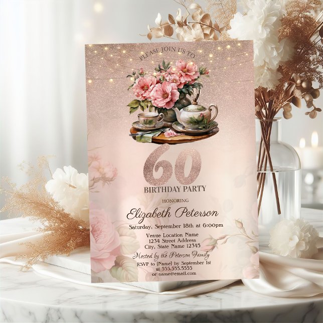 Invitation Tea Cup Flowers Parties scintillant Rose Gold 60e  (Créateur téléchargé)