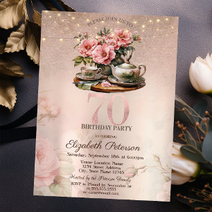 Invitation Tea Cup Flowers Parties scintillant Rose Gold 70e