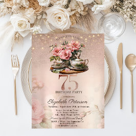 Invitation Tea Cup Flowers Parties scintillant Rose Gold 75e 