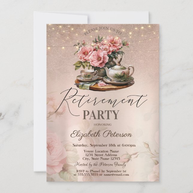 Invitation Tea Cup Flowers Parties scintillant Rose Gold Retr (Devant)