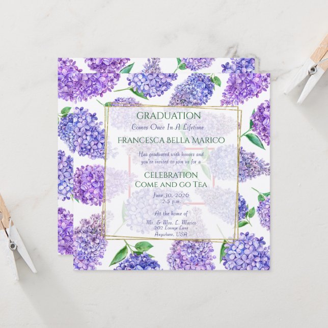 Invitation Tea de fin d'études Fille Lilacs pourpres (Devant/Arrière en situation)
