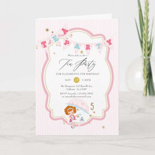 Invitation Tea Party 5e anniversaire de la fille rose et or (Devant)