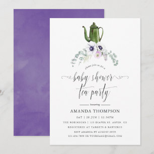 Invitation Tea Party à Baby shower floral violet poussiéreux