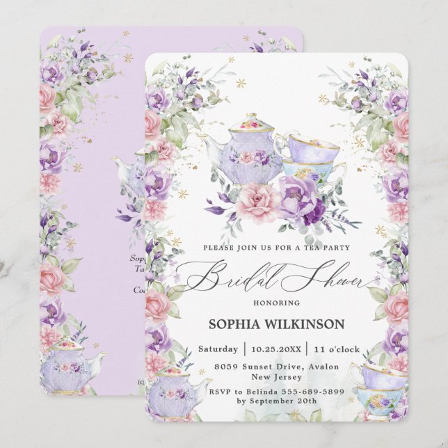 Invitation Tea Party à Fête des mariées florale violet rose v (Devant / Derrière)