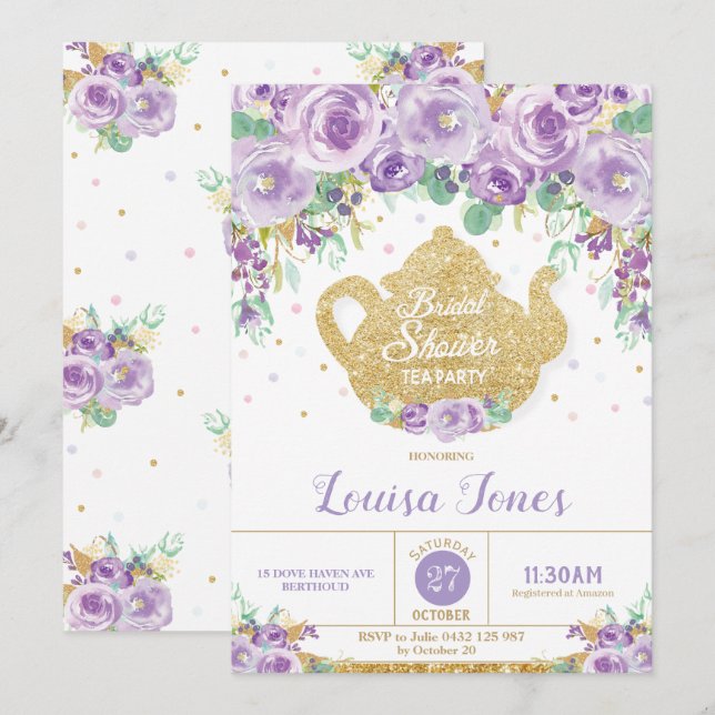 Invitation Tea Party à la Fête de l'mariée florale violette (Devant / Derrière)