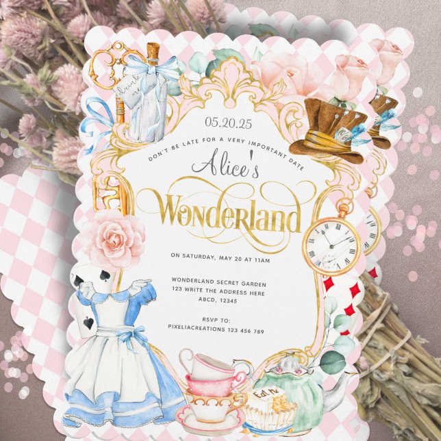 Invitation Tea party Alice au pays des merveilles rose fille  (Cute girl 1st birthday invitation, Alice in Wonderland themed birthday invitation. )