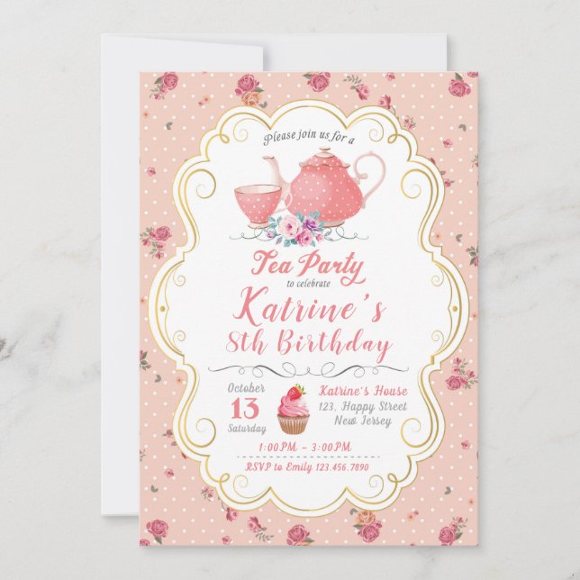 Invitation Tea Party Anniversaire. Baby shower Tea Party (Devant)