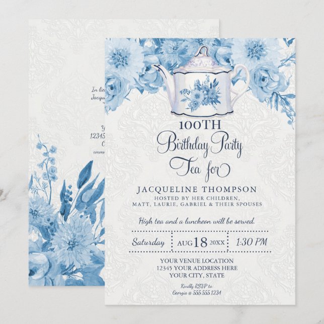 Invitation Tea Party Anniversaire Dusty Bleu Blanc Floral Tea (Devant / Derrière)