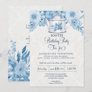 Invitation Tea Party Anniversaire Dusty Bleu Blanc Floral Tea