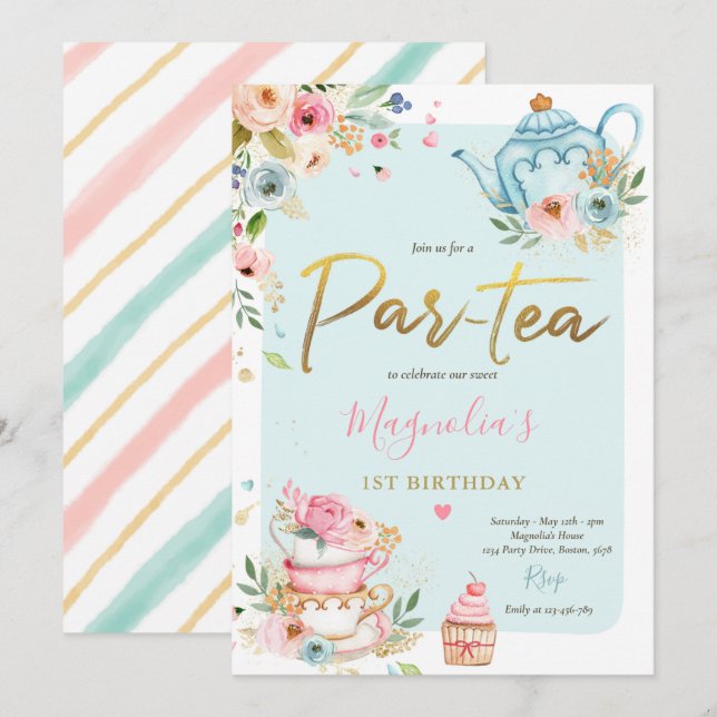 Invitation Tea Party Anniversaire Fille Rose & Or Floral Par  (Devant / Derrière)