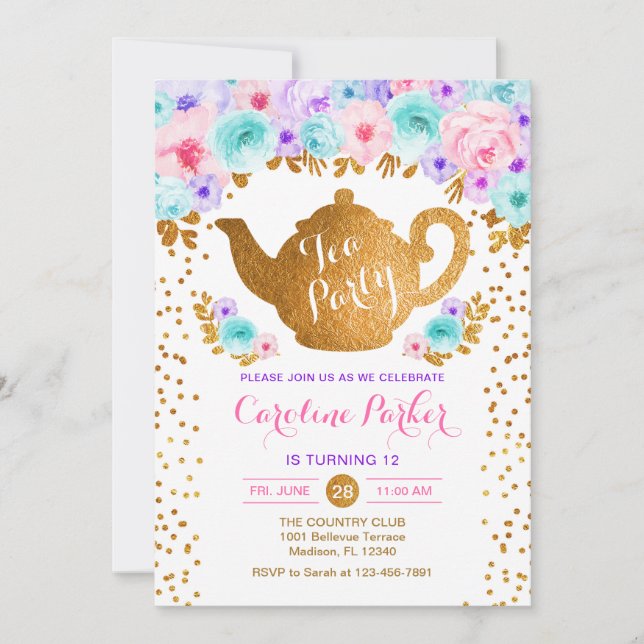 Invitation Tea Party Anniversaire - Gold rose Turquoise viole (Devant)