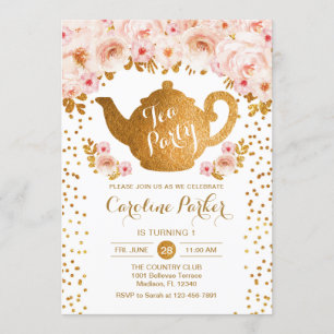 Invitation Tea Party Anniversaire - Gold White Pink Floral