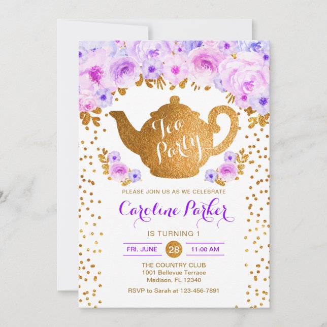 Invitation Tea Party Anniversaire - Gold White Purple Floral (Devant)