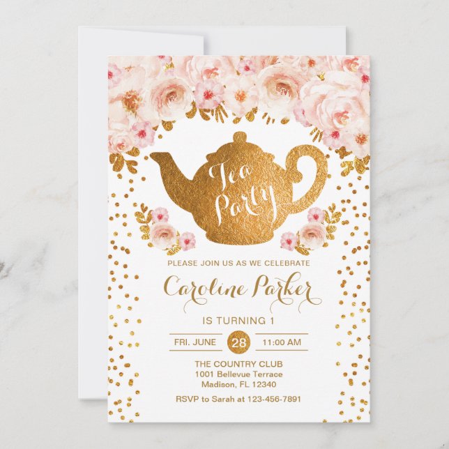Invitation Tea Party Anniversaire - Gold White Rose Floral (Devant)