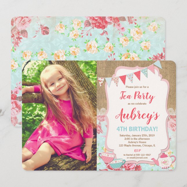 Invitation Tea party anniversaire photo shabby chic burlap gi (Devant / Derrière)