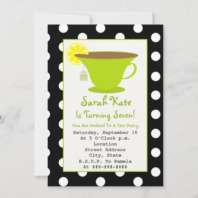 Invitation Tea Party Anniversaire - Polka Dot & Green (Devant)